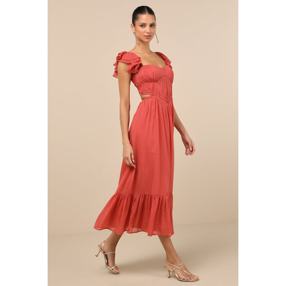 Lulus Mio Rusty Rose Pleated Tie-back Midi Dress Pink - Size L